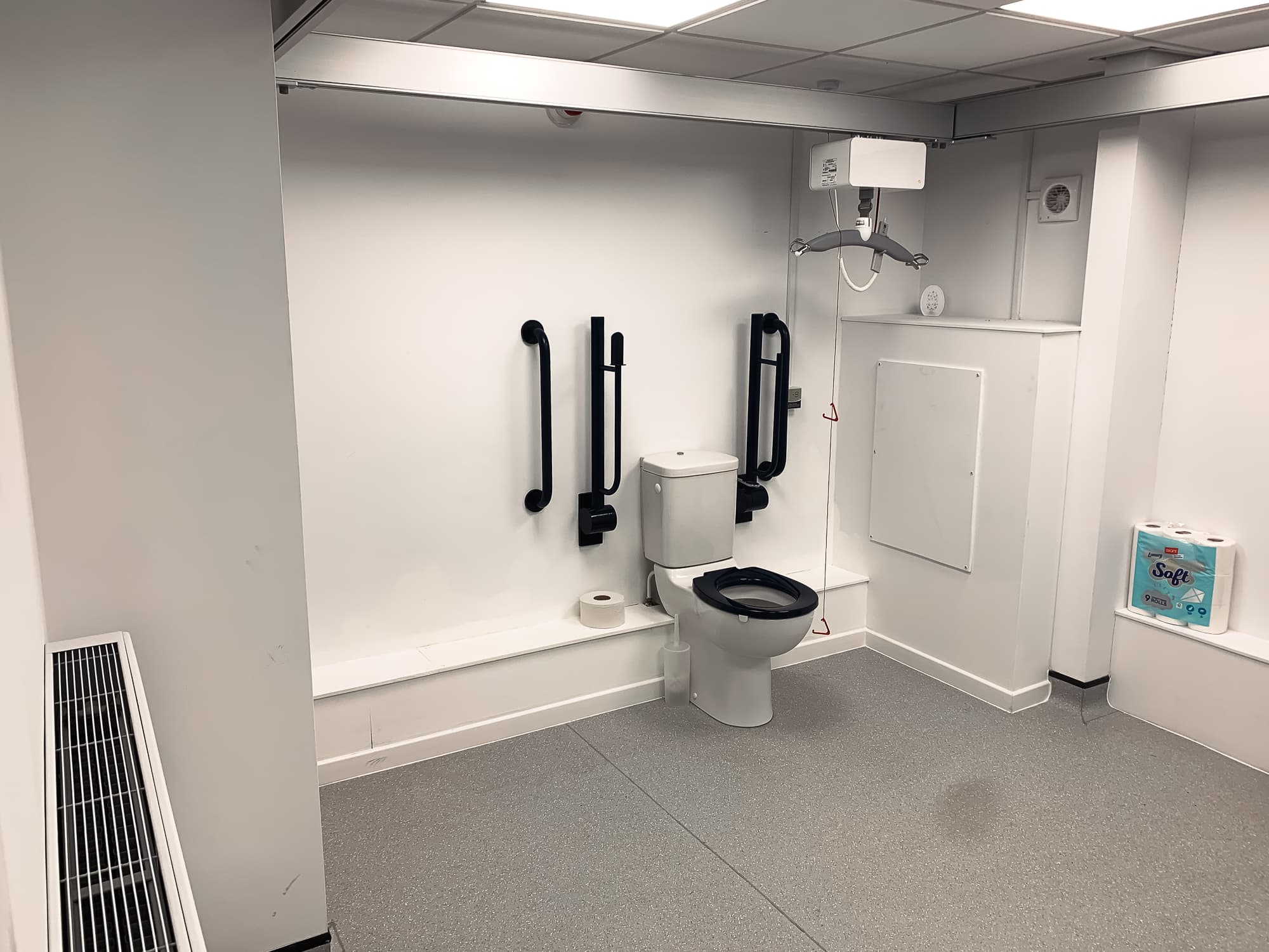 the changing places accessible toilet facilities at the hub featuring a hoist and an accessible toilet with two grab rails